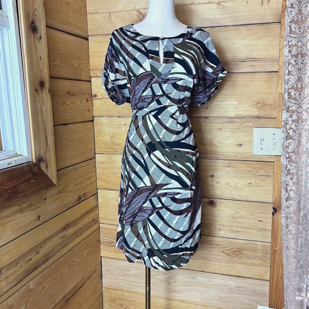 Abstract Zebra Print Midi Dress Women Small Olive Green Purple Chevron Anita